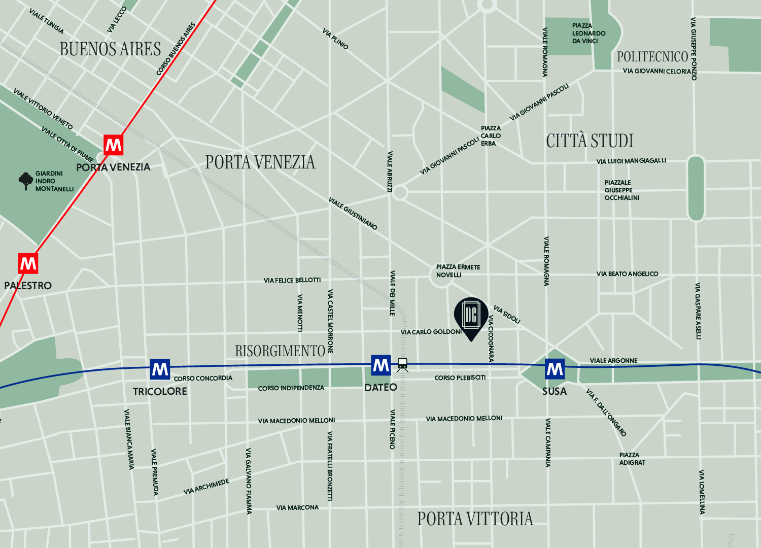 Mappa del quartiere Dateo a Milano: Dateo Court in Via Cicognara, tra le fermate M4 Dateo e Susa