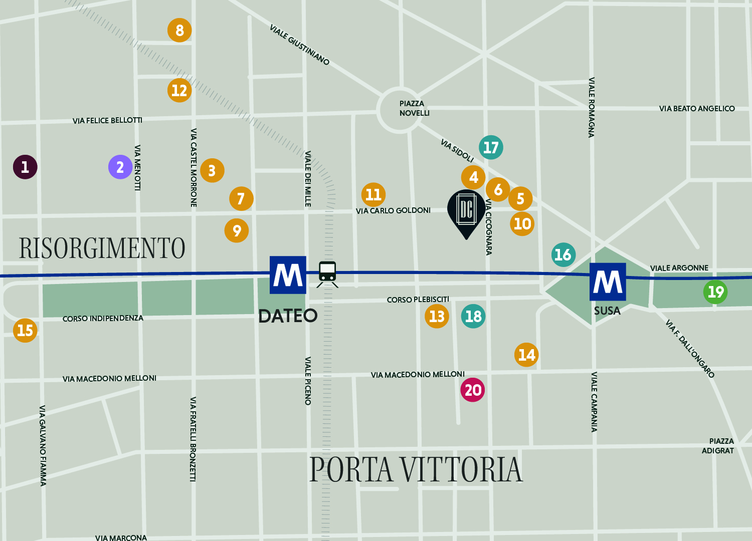 Mappa del quartiere Dateo con i 20 punti di interesse numerati nei dintorni di Dateo Court